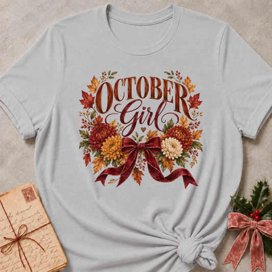 Athletic heather grey women's relaxed tee with an October Girl script design with rust and gold mums, autumn leaves, and a burgundy velvet bow