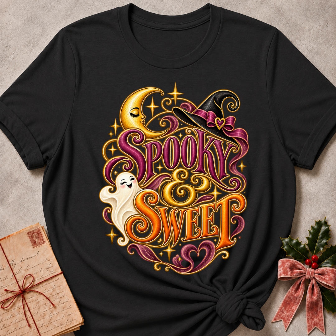 Dark Grey Heather Spooky and Sweet tee with a smiling ghost, a sleepy golden moon and a witch's hat with a heart bow