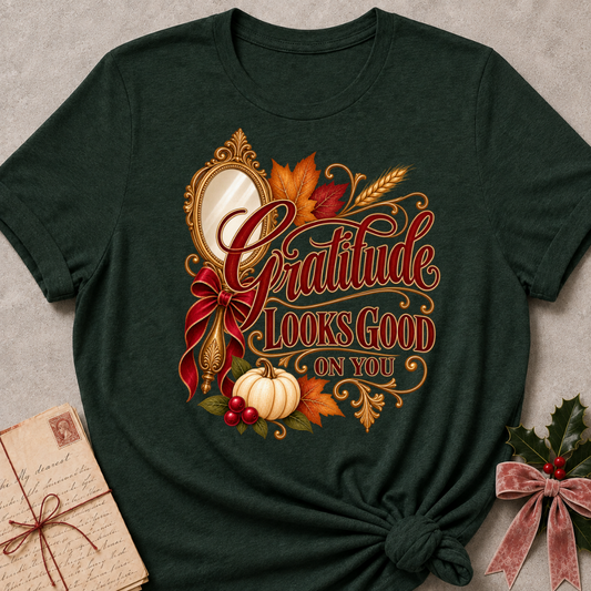 Forest Green Gratitude Looks Good On You tee with a gilded vintage mirror, red bow and autumn harvest details