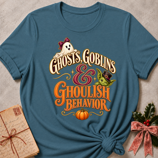 Heather Deep Teal Ghosts, Goblins and Ghoulish Behavior tee with a bow wearing ghost, a peeking goblin and a little pumpkin