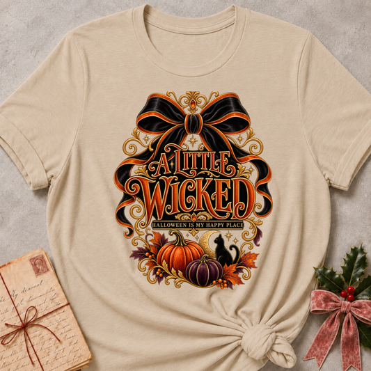 Heather Stone A Little Wicked tee with an oversized black bow, harvest pumpkins and a black cat under a crescent moon