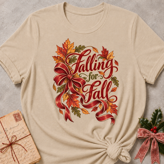 Heather Stone relaxed fit tee with Falling for Fall script, an oversized burgundy bow and swirling autumn leaves