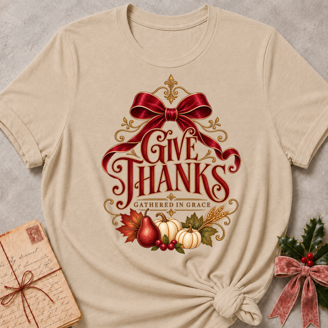 Heather Stone Give Thanks tee with a satin red bow, pears, pumpkins and gold filigree harvest design