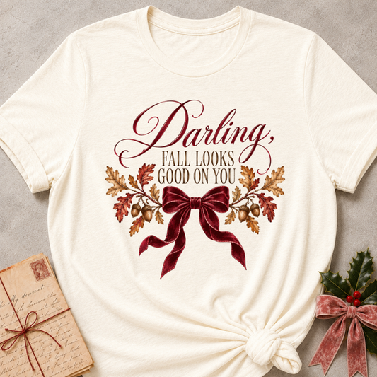 Natural cream women's relaxed tee with a Darling, Fall Looks Good On You script design with a burgundy velvet bow, oak leaves, and acorns