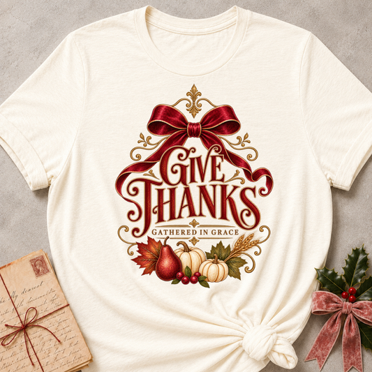 Natural Give Thanks tee with a satin red bow, pears, pumpkins and gold filigree harvest design
