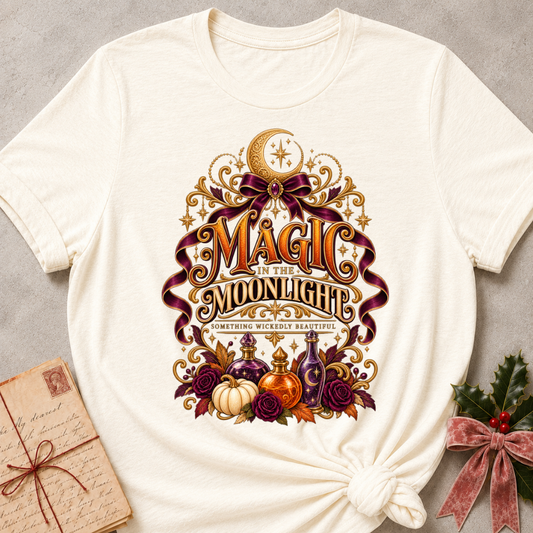 Natural Magic in the Moonlight tee with a crescent moon, velvet ribbon, potion bottles and deep plum roses