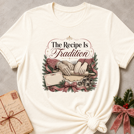 Natural cream relaxed fit tee with hands rolling dough and The Recipe Is Tradition lettering