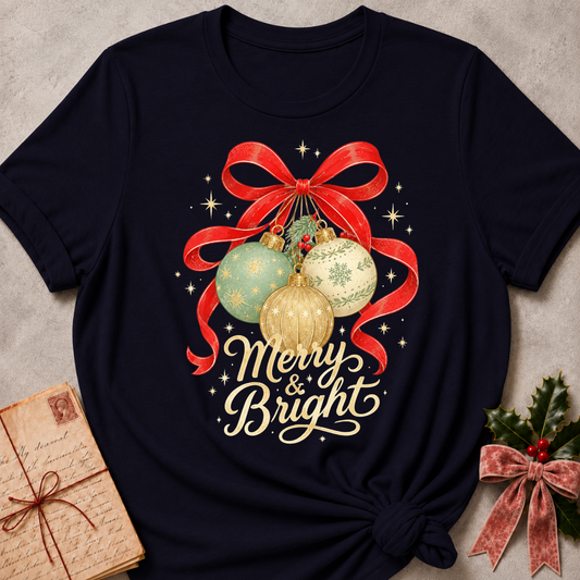 A navy blue short-sleeve t-shirt with a Christmas graphic print featuring a red bow, gold and green ornaments, and 'Merry & Bright' text, styled flat-lay on a textured gray background with holiday props.
