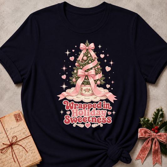 A navy blue short-sleeve t-shirt with a pink and green Christmas tree graphic and the text 'Wrapped in Holiday Sweetness' on the front. The t-shirt is styled in a flat-lay arrangement on a textured gray background, flanked by a vintage letter and a holly sprig with a pink ribbon.