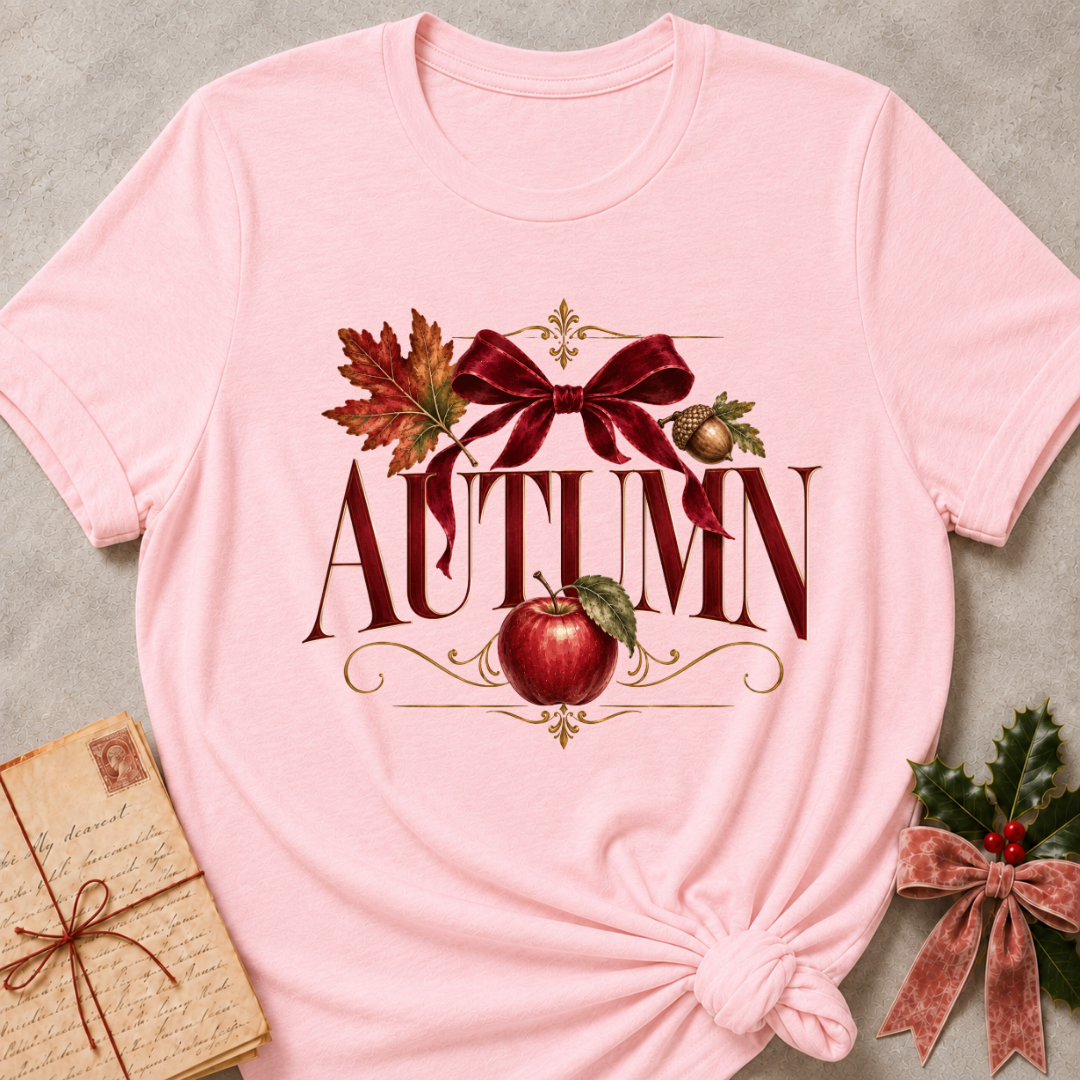 Pink women's relaxed tee with a vintage AUTUMN serif design with a burgundy velvet bow, maple leaf, acorn, and red apple