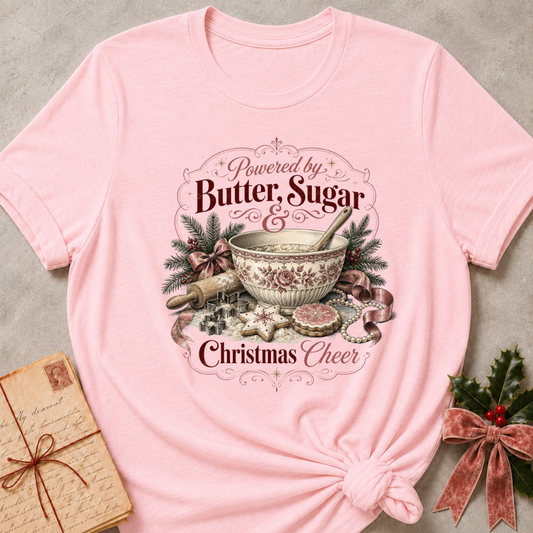 Soft pink relaxed fit tee with a vintage mixing bowl and Christmas greenery