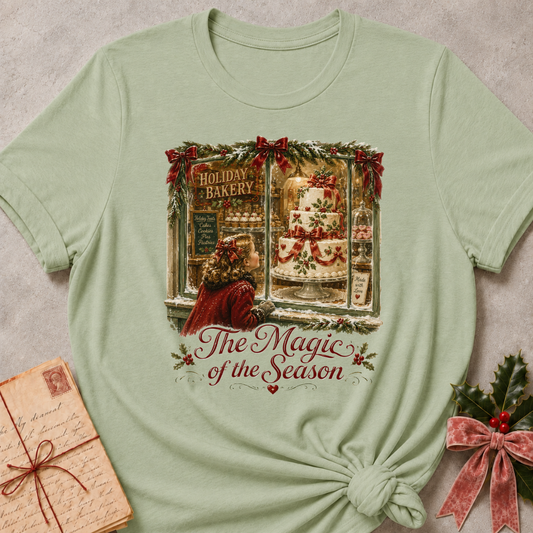 A sage green short-sleeve t-shirt with a vintage Christmas graphic of a woman looking out of a bakery window at a decorated cake, with the text 'The Magic of the Season'. The shirt is styled flat on a textured gray background with a vintage letter and a pink ribbon bow.