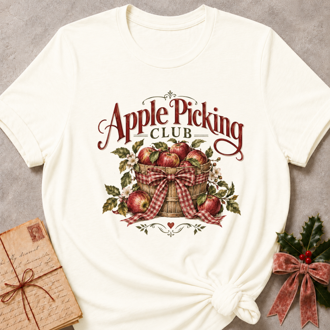 Vintage White relaxed fit tee with an Apple Picking Club basket of red apples, blossoms and a gingham bow