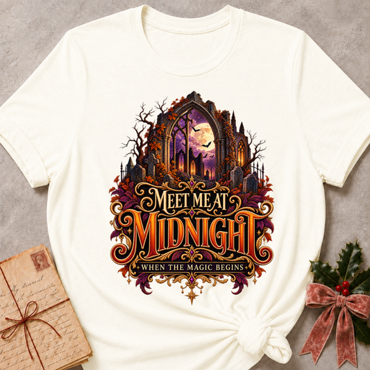 Vintage White Meet Me at Midnight tee with a moonlit Gothic arch, fluttering bats and jewel toned autumn leaves