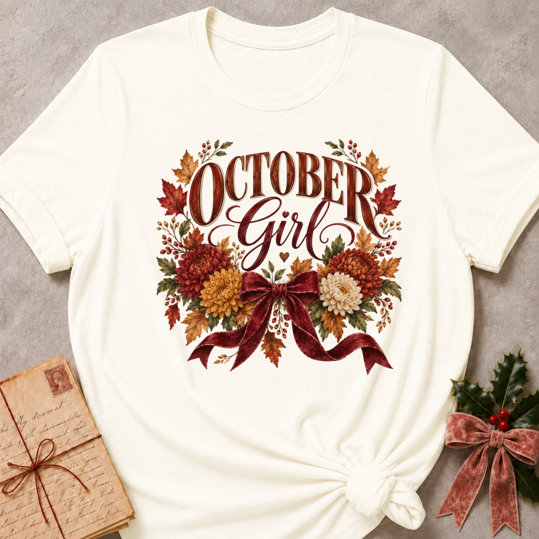 Vintage white women's relaxed tee with an October Girl script design with rust and gold mums, autumn leaves, and a burgundy velvet bow