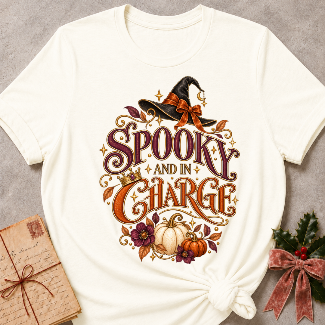 Vintage White Spooky and In Charge tee with a bow tied witch's hat, gold crown, white pumpkins and plum blooms