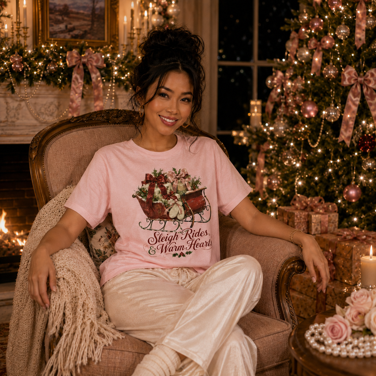 Woman wearing a pink "Sleigh Rides & Warm Hearts" Christmas graphic tee, seated by a decorated tree and fireplace with pink and gold holiday décor.
