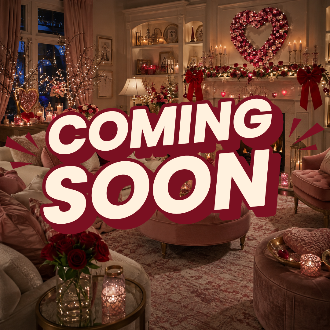 Cozy Valentine's Day living room decorated with red roses, heart wreath, candles, and red bows with a 'Coming Soon' announcement overlay.