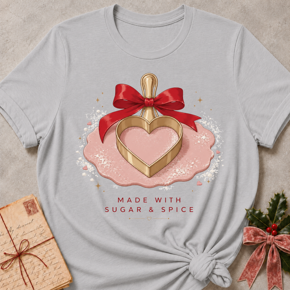 A light gray graphic t-shirt featuring a Valentine's Day design with a gold heart-shaped bottle, a red ribbon, and a pink sugar puddle, with the text 'MADE WITH SUGAR & SPICE'. The t-shirt is styled flat on a textured beige background with a vintage letter and holly in the corners.