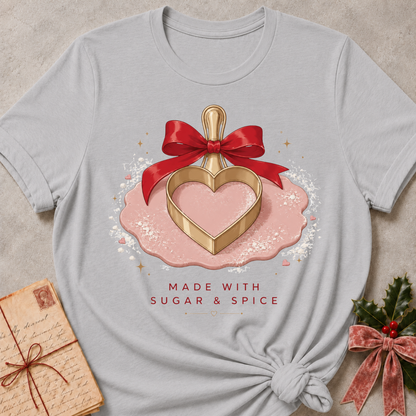 A light gray graphic t-shirt featuring a Valentine's Day design with a gold heart-shaped bottle, a red ribbon, and a pink sugar puddle, with the text 'MADE WITH SUGAR & SPICE'. The t-shirt is styled flat on a textured beige background with a vintage letter and holly in the corners.
