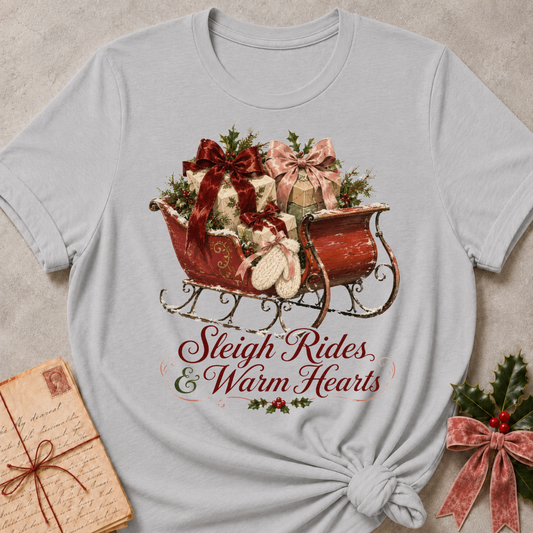A light gray short-sleeve t-shirt with a Christmas-themed graphic of a red sleigh filled with gifts and holly, with the text 'Sleigh Rides & Warm Hearts' printed below. The shirt is styled flat on a textured beige background with a vintage letter and holly sprig as props.