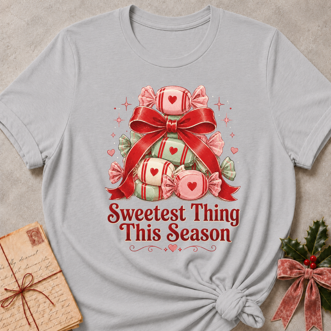 A light gray short-sleeve t-shirt with a Christmas-themed graphic of wrapped candies under a red bow and the text 'Sweetest Thing This Season'. The shirt is styled flat on a textured beige background with a vintage letter and holly props.