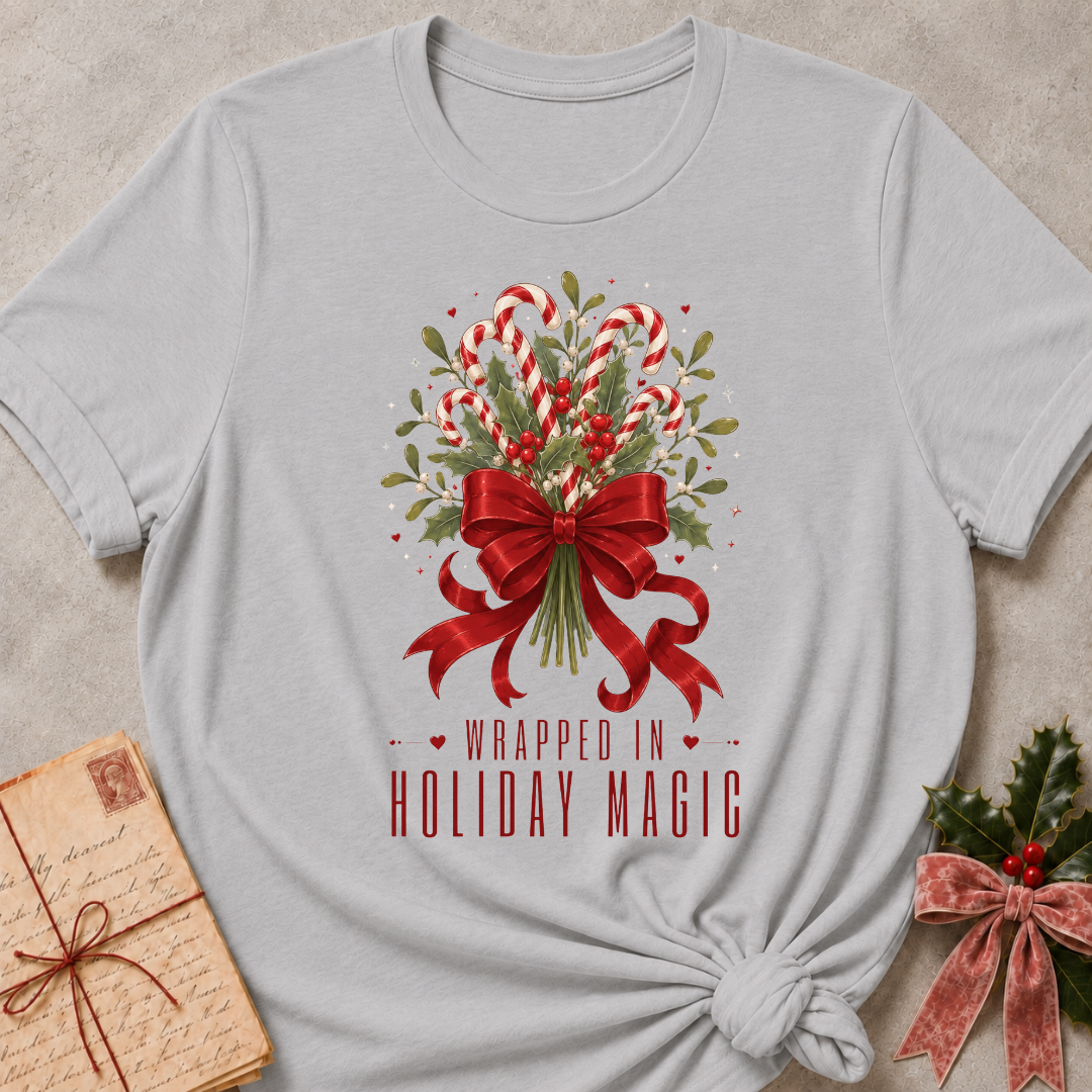 A light gray short-sleeve t-shirt with a festive Christmas graphic featuring candy canes, holly, red berries, a large red bow, and the text 'WRAPPED IN HOLIDAY MAGIC'. The shirt is styled flat on a textured beige background with a vintage postcard and a small holly sprig.