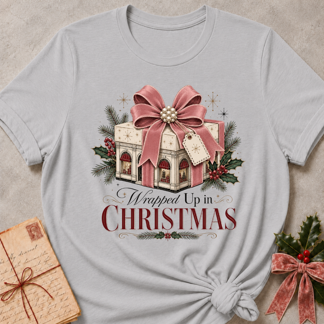A light gray short-sleeve t-shirt with a Christmas graphic print, styled in a flat-lay with a knotted hem. The graphic features a pink gift box with a large pink bow, holly, pine branches, and the text 'Wrapped Up in CHRISTMAS'.
