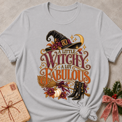 Athletic Heather A Little Witchy, A Lot Fabulous tee with a flower trimmed witch's hat, ribbon tied broom and starry boots