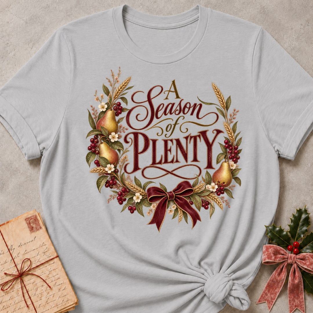 Athletic Heather relaxed fit tee with A Season of Plenty script, golden pears, wheat, berries and a burgundy bow