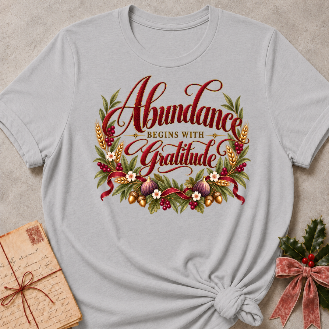 Athletic Heather relaxed fit tee with Abundance Begins with Gratitude script, golden wheat, figs, acorns and a ruby ribbon