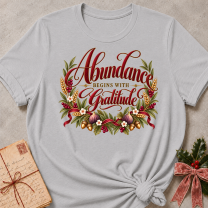 Athletic Heather relaxed fit tee with Abundance Begins with Gratitude script, golden wheat, figs, acorns and a ruby ribbon