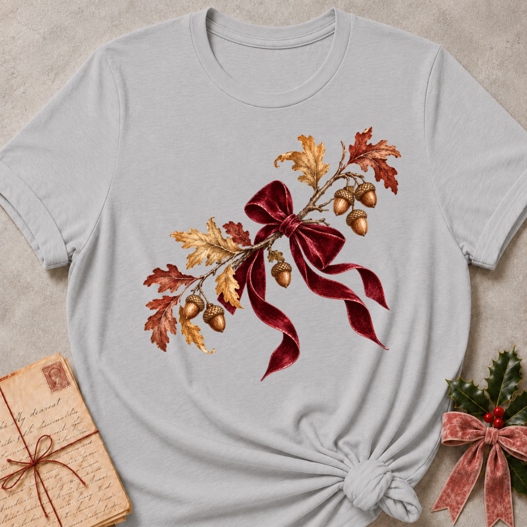 Athletic Heather relaxed fit tee with a cluster of acorns, oak leaves and a soft plaid bow