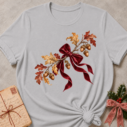 Athletic Heather relaxed fit tee with a cluster of acorns, oak leaves and a soft plaid bow