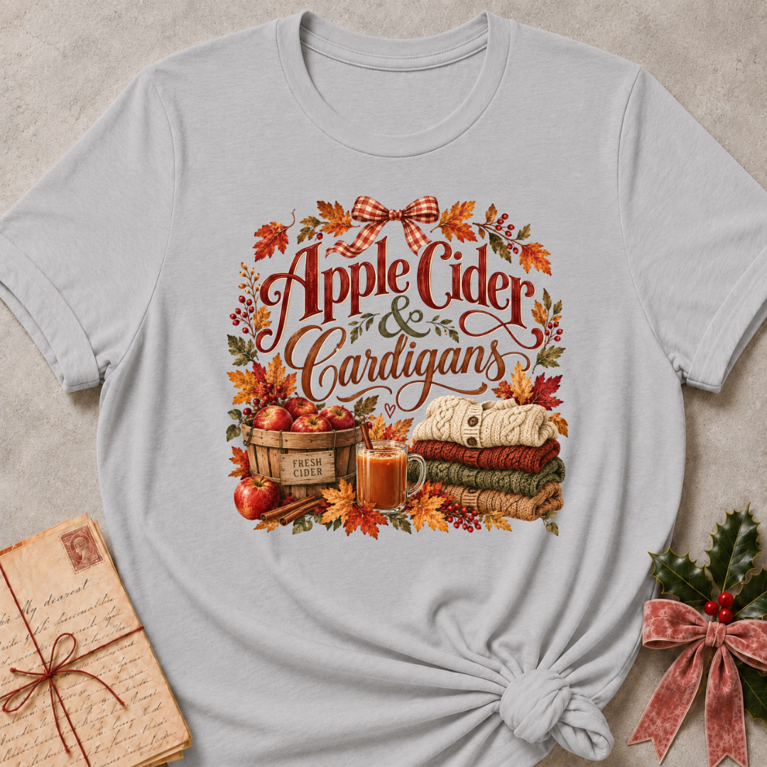 Athletic Heather relaxed fit tee with Apple Cider and Cardigans lettering, a cider mug, a basket of red apples, stacked sweaters and a gingham bow