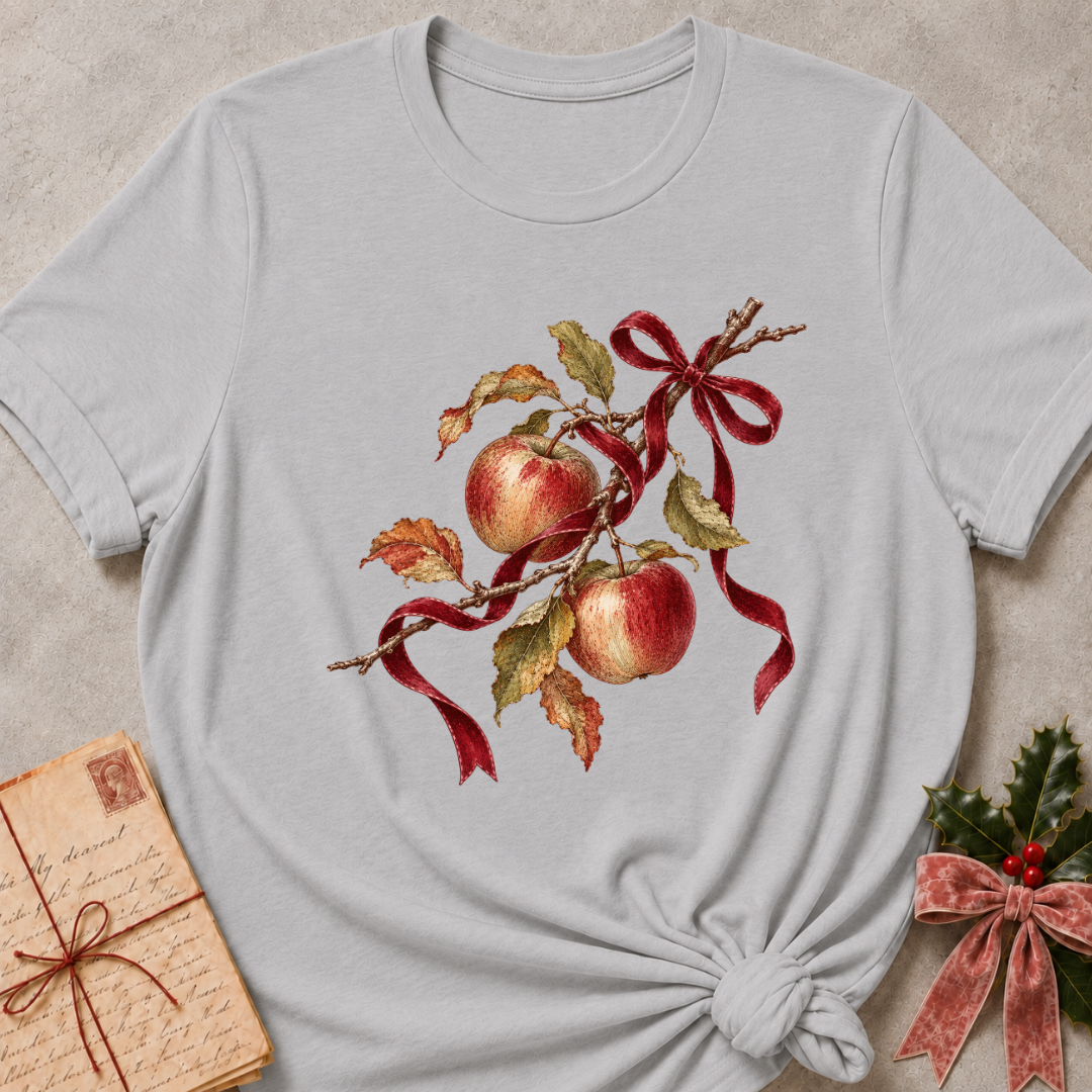 Athletic Heather relaxed fit tee with red apples, autumn leaves and a gingham bow