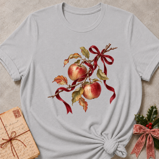 Athletic Heather relaxed fit tee with red apples, autumn leaves and a gingham bow