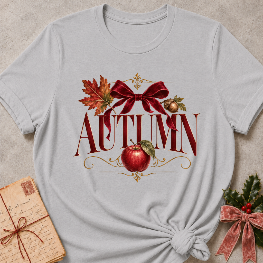 Athletic heather grey women's relaxed tee with a vintage AUTUMN serif design with a burgundy velvet bow, maple leaf, acorn, and red apple