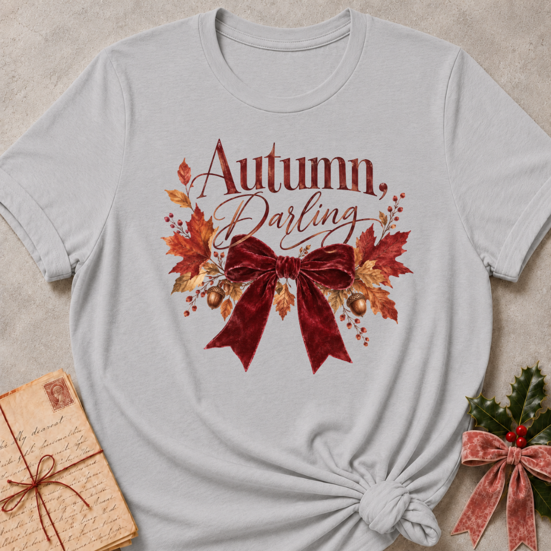 Autumn, Darling script with a burgundy velvet bow, golden acorns, and falling leaves on a heathered grey relaxed fit tee