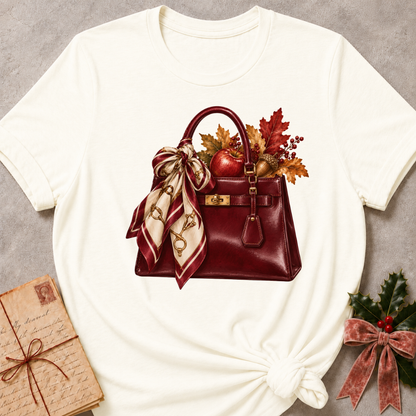 Athletic Heather relaxed fit tee with a burgundy handbag, silk scarf and autumn leaves