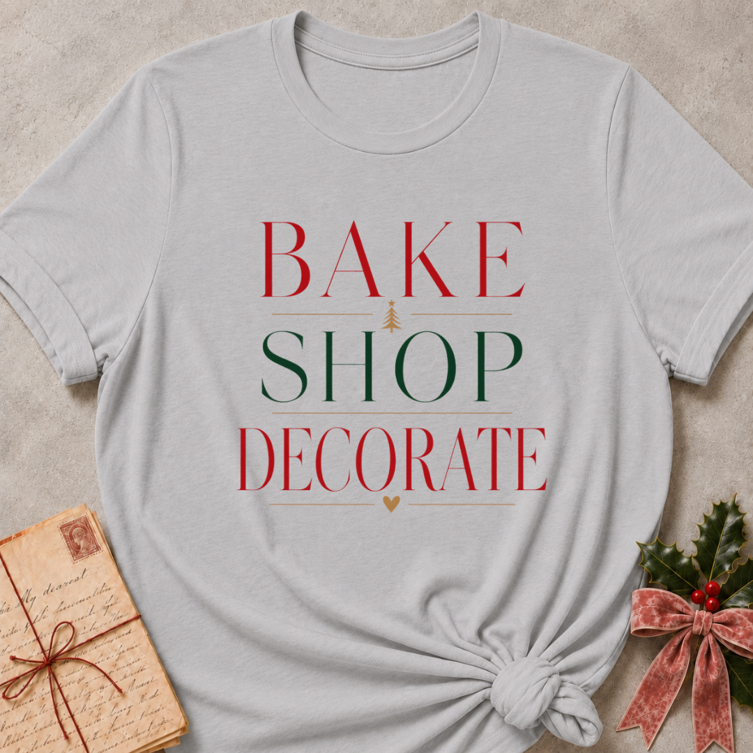 Athletic Heather women's relaxed fit tee with Bake Shop Decorate design in red and green lettering