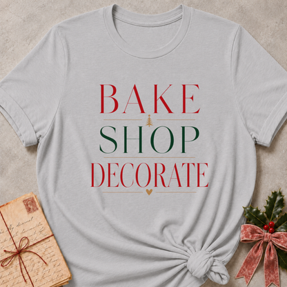 Athletic Heather women's relaxed fit tee with Bake Shop Decorate design in red and green lettering