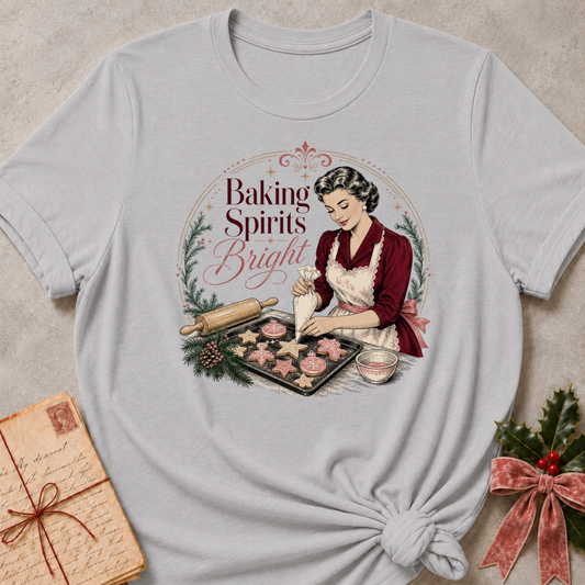 Athletic heather grey relaxed fit tee with a vintage baker piping Christmas cookies