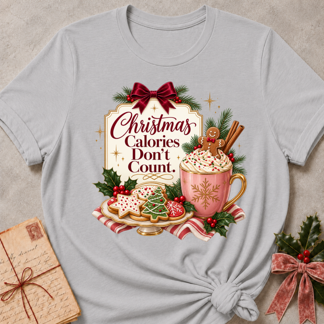 Athletic Heather relaxed fit tee with Christmas Calories Don't Count lettering, frosted cookies, a cocoa mug with a gingerbread man and a burgundy bow