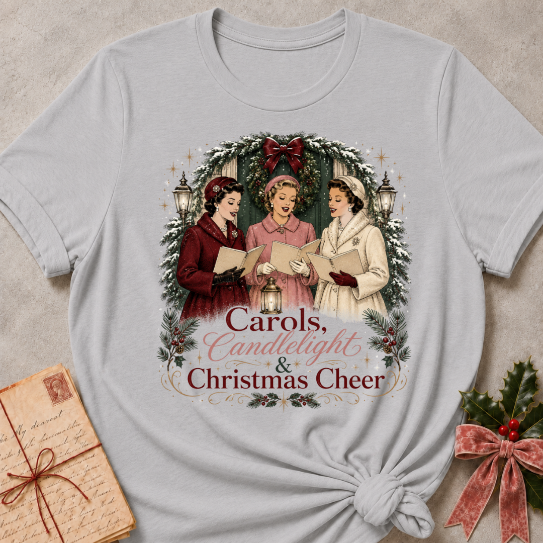 Athletic heather grey relaxed fit tee with three vintage carolers by lantern light