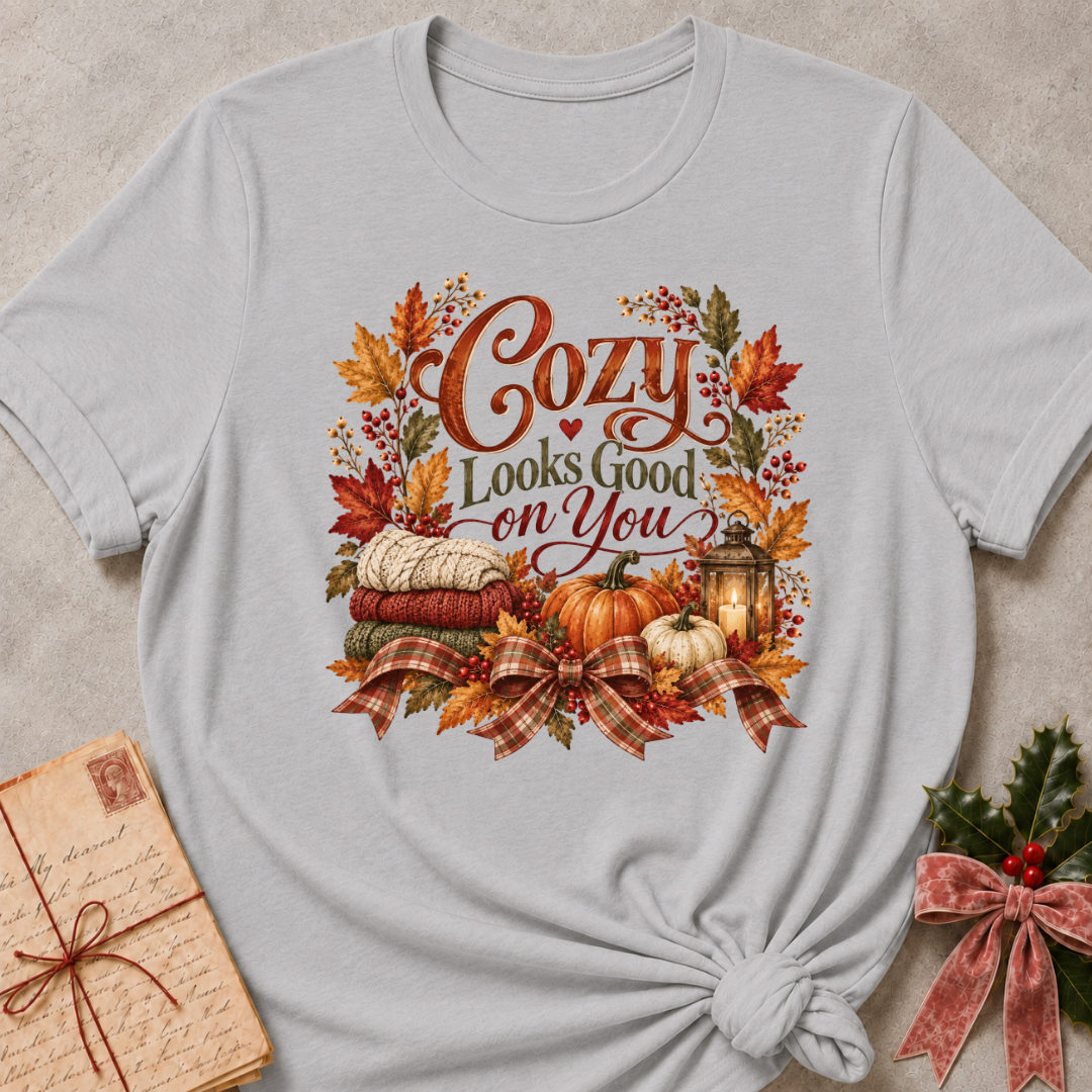 Athletic Heather relaxed fit tee with Cozy Looks Good on You lettering, stacked knit sweaters, pumpkins, a glowing lantern and a plaid bow