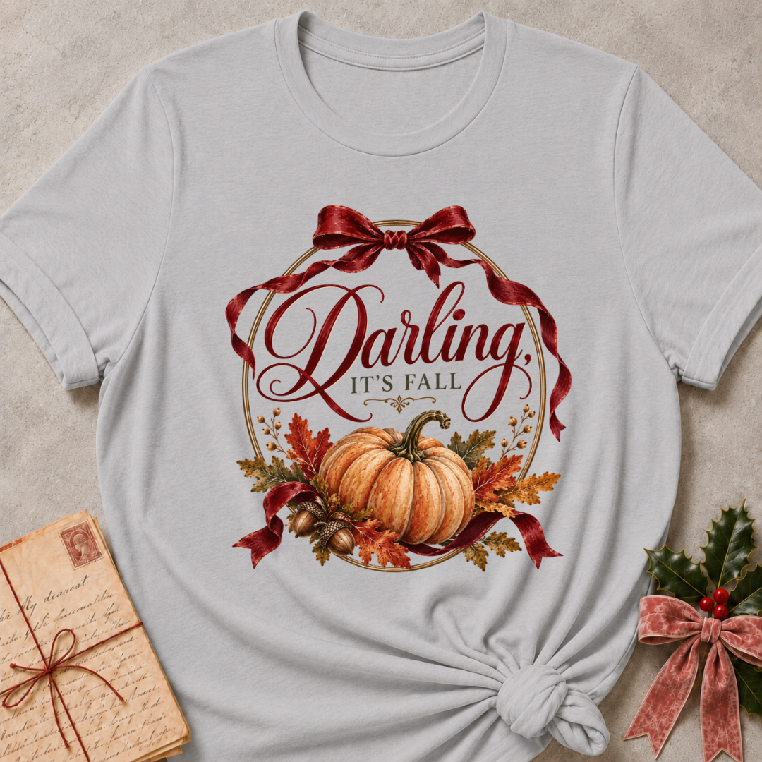Athletic heather grey women's relaxed tee with a vintage Darling It's Fall script design framed by a gold wreath, a burgundy ribbon bow, and a harvest pumpkin