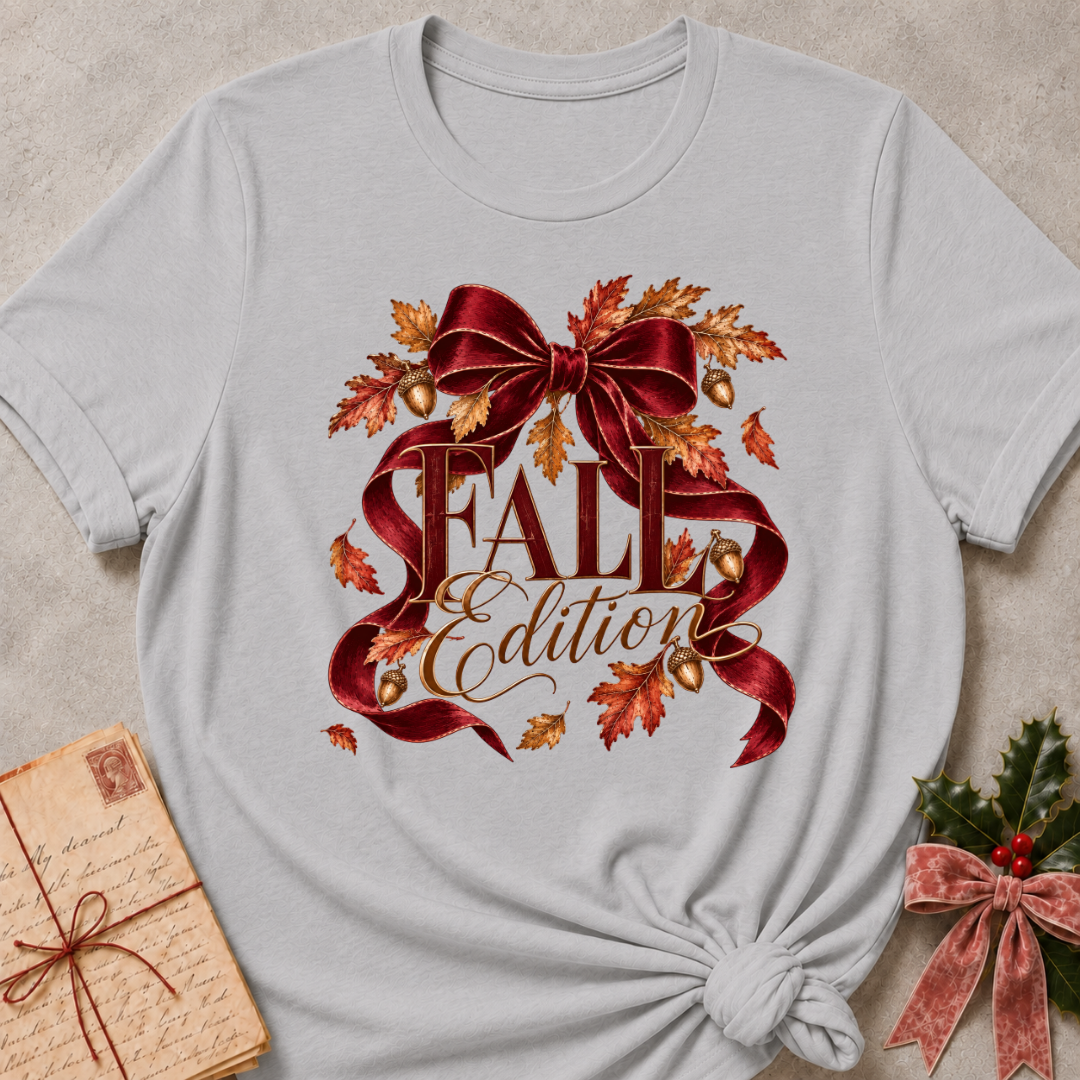Athletic heather grey women's relaxed tee with a Fall Edition script design wrapped in a burgundy satin bow with autumn leaves and acorns