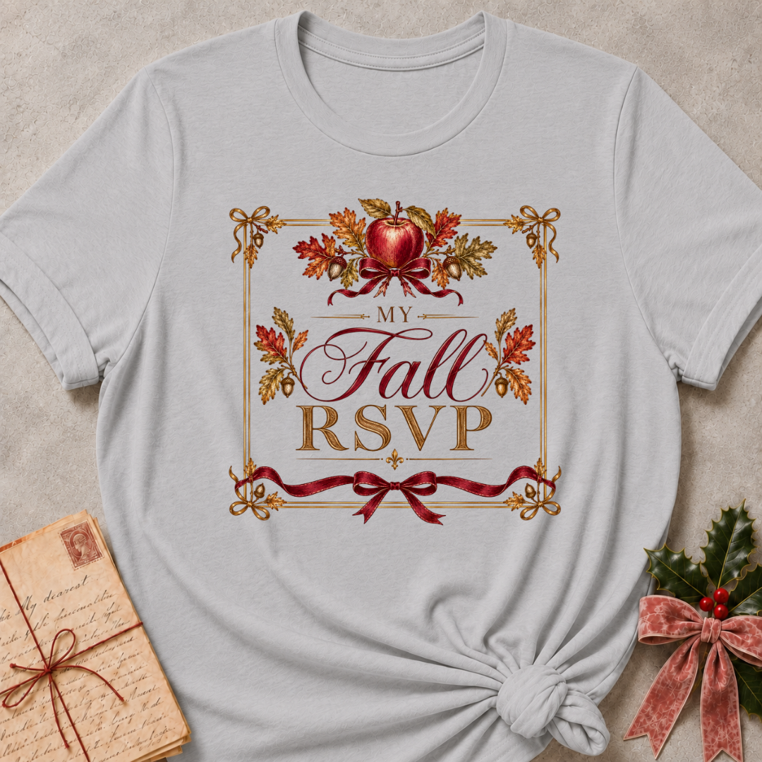 Athletic Heather relaxed fit tee with a vintage My Fall RSVP crest, red apple, oak leaves and a burgundy bow