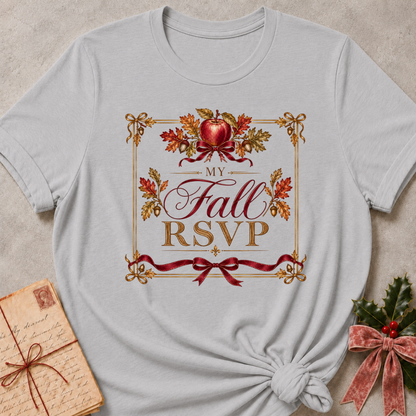 Athletic Heather relaxed fit tee with a vintage My Fall RSVP crest, red apple, oak leaves and a burgundy bow